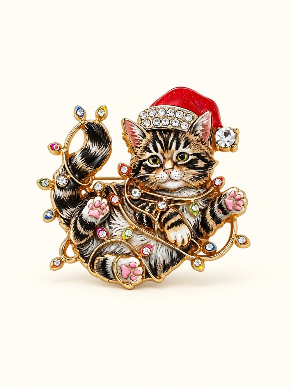 Christmas Tabby Cat Santa Festive Gold Brooch